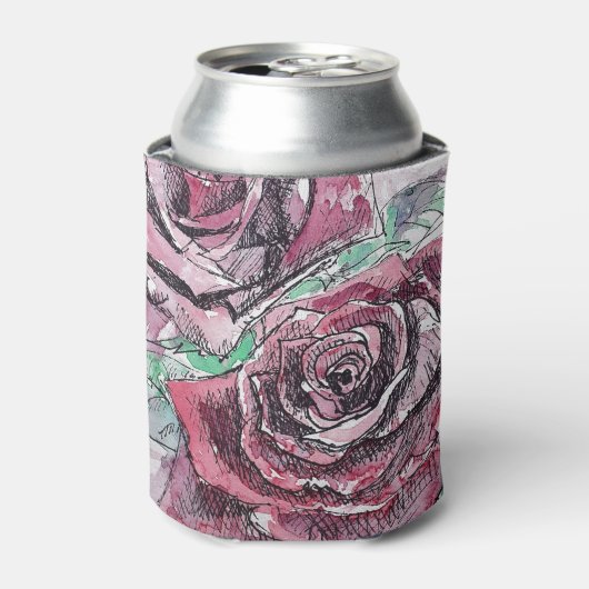 美しい赤いバラの絵画水色 缶クーラー (缶正面)