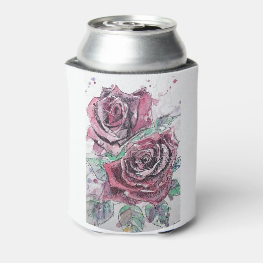 美しい赤いバラの絵画水色 缶クーラー (缶裏面)
