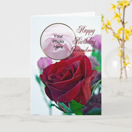 美しい赤いバラの誕生日の写真カード カード (黄色い花)