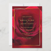 美しい赤いバラの金ゴールドフレームと写真結婚の 招待状 (正面)