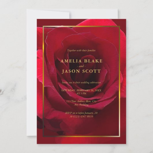 美しい赤いバラの金ゴールドフレームと写真結婚の 招待状 (正面)