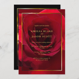 美しい赤いバラの金ゴールドフレームと写真結婚の 招待状