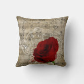 美しい赤いバラの音楽のノートは色あせたピアノを渦巻く クッション (裏面)