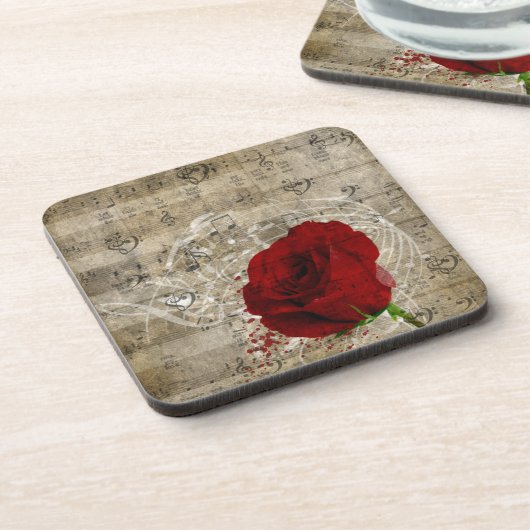 美しい赤いバラの音楽のノートは色あせたピアノを渦巻く コースター (左側)