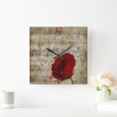 美しい赤いバラの音楽のノートは色あせたピアノを渦巻く スクエア壁時計 (ホーム)