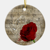 美しい赤いバラの音楽のノートは色あせたピアノを渦巻く セラミックオーナメント (正面)