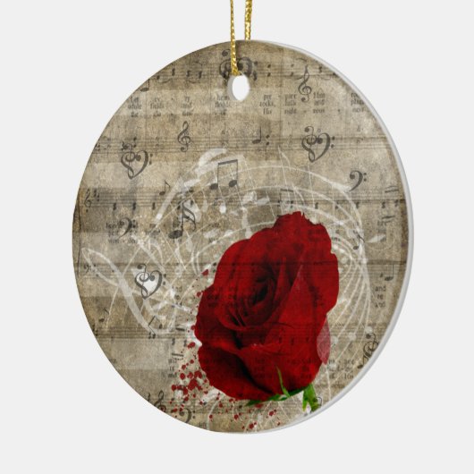 美しい赤いバラの音楽のノートは色あせたピアノを渦巻く セラミックオーナメント (左)