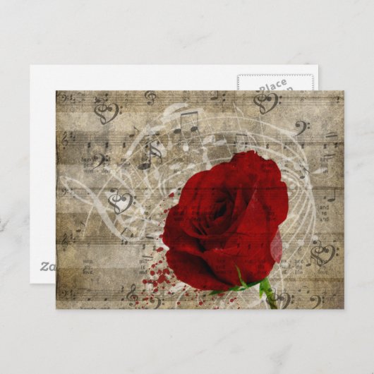 美しい赤いバラの音楽のノートは色あせたピアノを渦巻く ポストカード (正面/裏面)