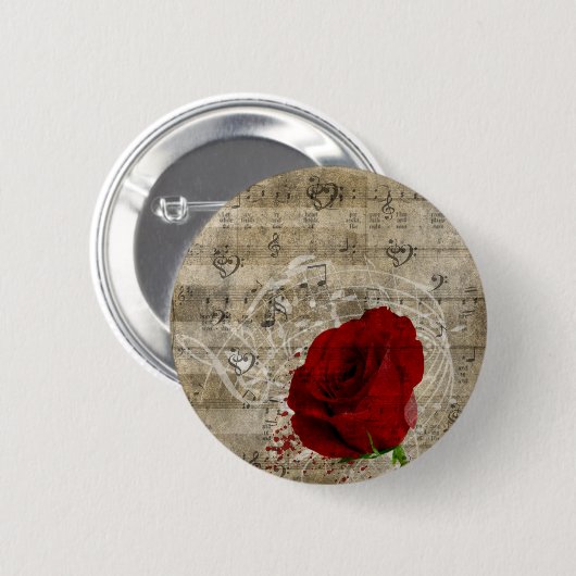 美しい赤いバラの音楽のノートは色あせたピアノを渦巻く 缶バッジ (正面&裏面)