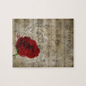 美しい赤いバラの音楽の音符渦の色あせたピアノ ジグソーパズル (横)