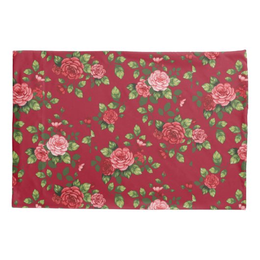 美しい赤いバラ模様の枕ケース 枕カバー (裏面-左)