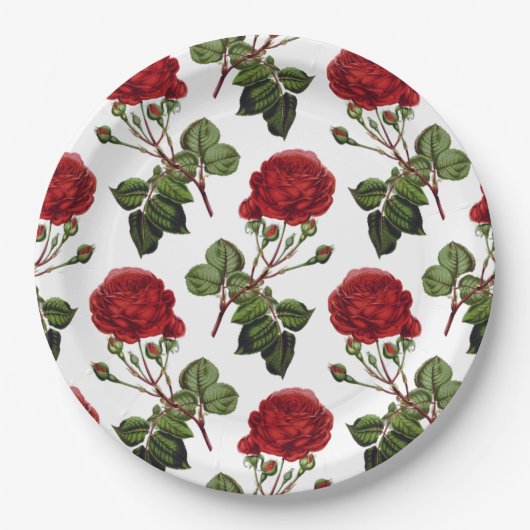 美しい赤いバラ模様 ペーパープレート (正面)