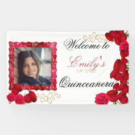 美しい赤いバラ、金ゴールドグリッタースパークル写真 横断幕