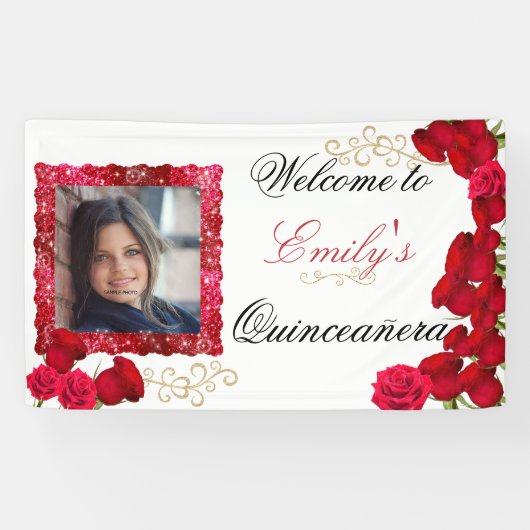 美しい赤いバラ、金ゴールドグリッタースパークル写真 横断幕 (横)