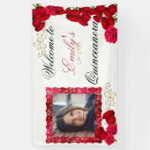 美しい赤いバラ、金ゴールドグリッタースパークル写真 横断幕 (縦)