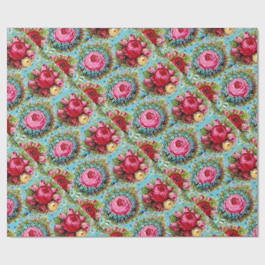 美しい赤いピンクの黄色のバラが青い背景に ラッピングペーパー (フラット)
