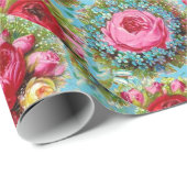 美しい赤いピンクの黄色のバラが青い背景に ラッピングペーパー (ロールコーナー)
