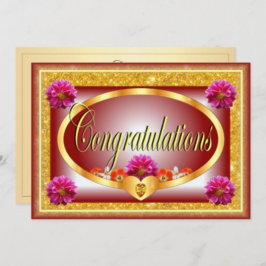 美しい赤いフローラデザインおめでとう 招待状 (正面/裏面)