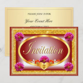 美しい赤いフローラデザイン招待カード 招待状 (正面/裏面)