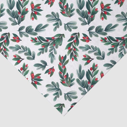 美しい赤いベリーのグリーンリースのクリスマスパターン 薄葉紙 (詳細)