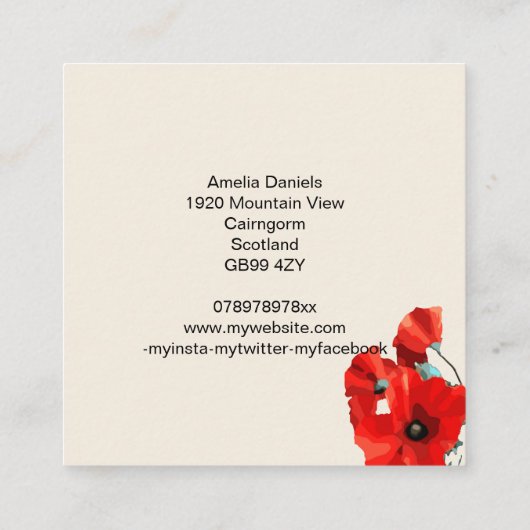 美しい赤いポピーの名刺 スクエア名刺 (裏面)