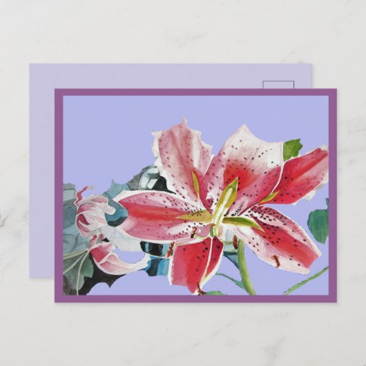 美しい赤いユリの水彩画 ライラックの誕生日ポストカード ポストカード (正面/裏面)