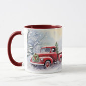 美しい赤いヴィンテージトラック冬の風景 マグカップ (左)