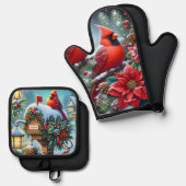美しい赤い冬のカーディナル 鍋つかみ&鍋敷きセット (正面/裏面)