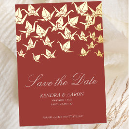 美しい赤い折り紙の紙クレーン日付を保存 箔招待状