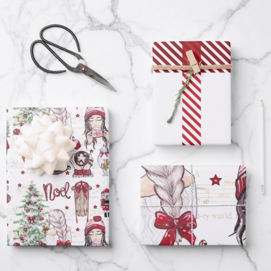 美しい赤い水の色のクリスマスの要素 ラッピングペーパーシート (正面)