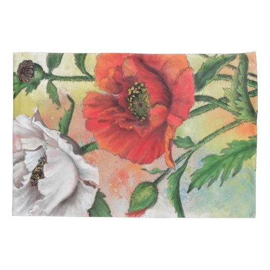 美しい赤い白いケシ枕ケース 枕カバー (裏面)