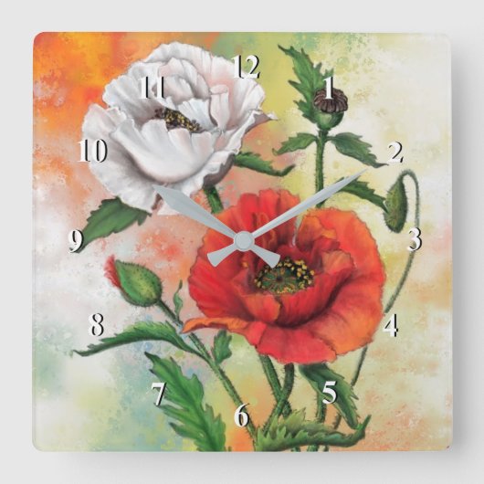 美しい赤い白いケシ – ミグネ絵画ドの芸術 スクエア壁時計 (正面)