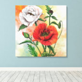 美しい赤い白い花のキャンバスプリントポピー キャンバスプリント (インサイチュ (ウッドフロア))