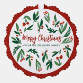 美しい赤い緑のホリーベリーメリークリスマス オーナメントカード (正面)