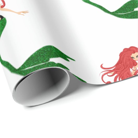 美しい赤い緑のマーメイドホリデークリスマス ラッピングペーパー (ロールコーナー)