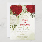 美しい赤い花の緑の葉誕生日 招待状 (正面)