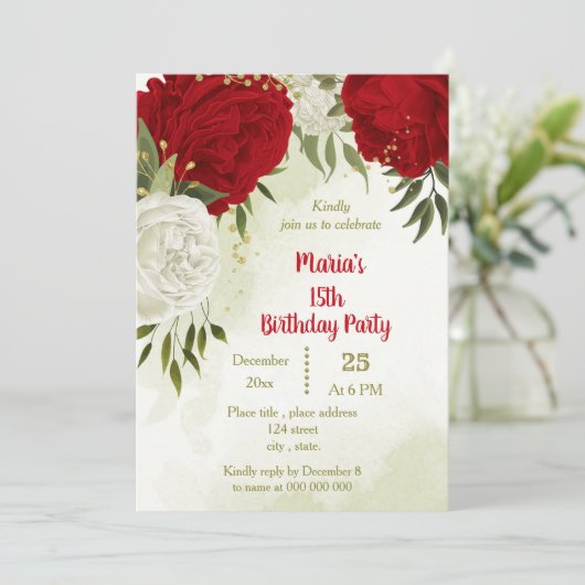 美しい赤い花の緑の葉誕生日 招待状 (スタンド正面)