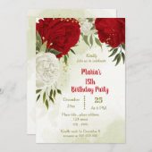 美しい赤い花の緑の葉誕生日 招待状 (正面/裏面)