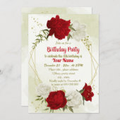 美しい赤い花の緑の葉誕生日 招待状 (正面/裏面)