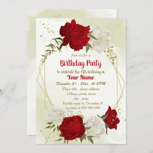 美しい赤い花の緑の葉誕生日 招待状 (正面/裏面)