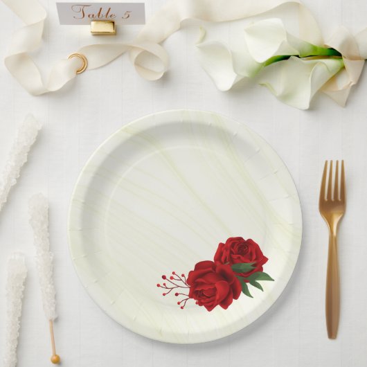 美しい赤い花の緑葉 ペーパープレート (ウェディング)