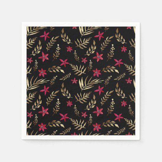 美しい赤い花ゴールデンシャイン葉ズブラックエル スタンダードカクテルナプキン (正面)