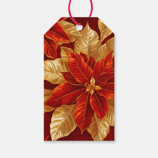 美しい赤い金ゴールドヴィンテージポインセティアスクリスマス ギフトタグ (正面)
