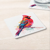 美しい赤い（鳥）ショウジョウコウカンチョウの水色のスケッチ スクエアペーパーコースター (アングル)