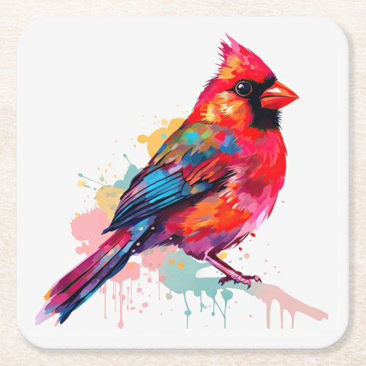 美しい赤い（鳥）ショウジョウコウカンチョウの水色のスケッチ スクエアペーパーコースター (正面)