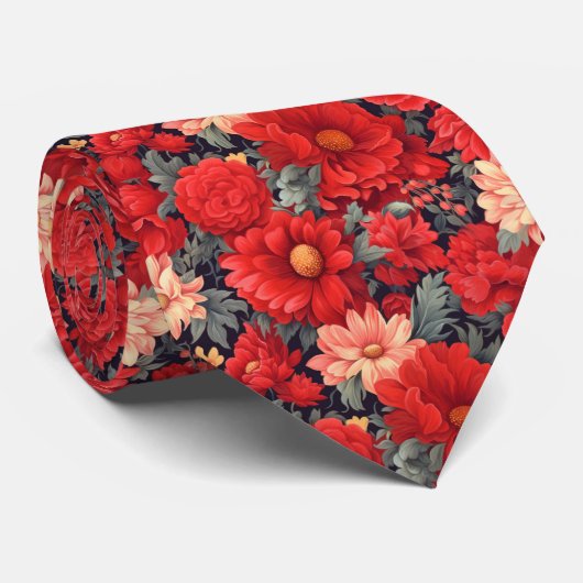 美しい赤とセージ緑のフローラ ネクタイ (ロール)