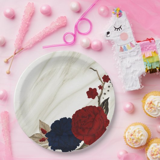 美しい赤と海軍の花ボタニカル ペーパープレート (パーティー)