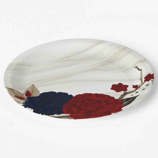 美しい赤と海軍の花ボタニカル ペーパープレート (アングル)