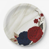美しい赤と海軍の花ボタニカル ペーパープレート (正面)