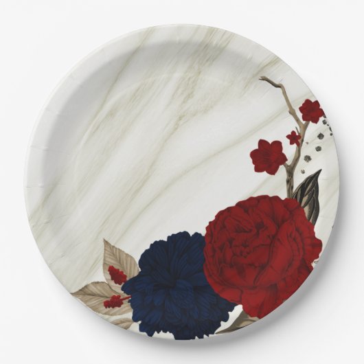 美しい赤と海軍の花ボタニカル ペーパープレート (正面)